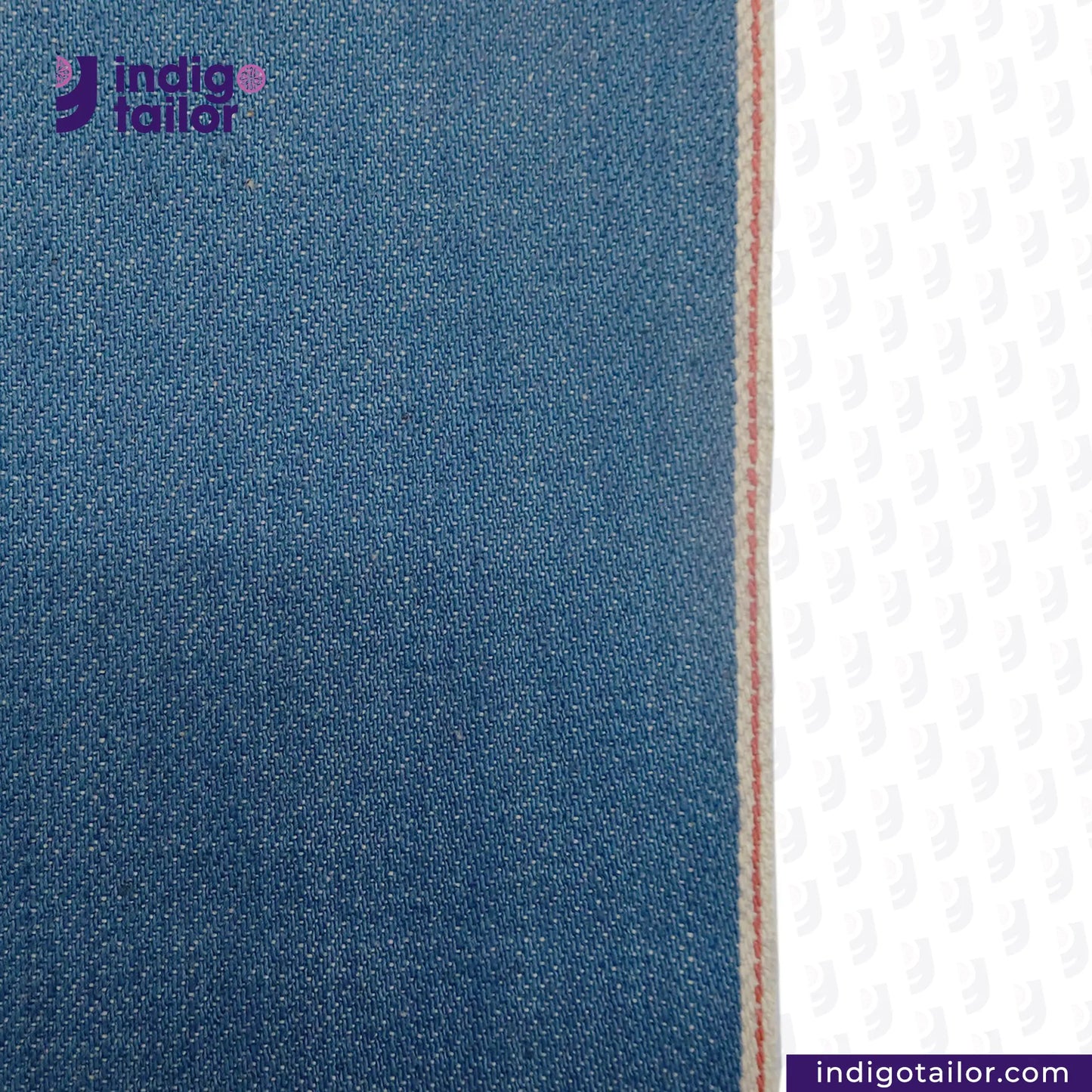 Close-up of AOZORA SKY BLUE SELVEDGE fabric with a white background, featuring the Indigotailor logo.