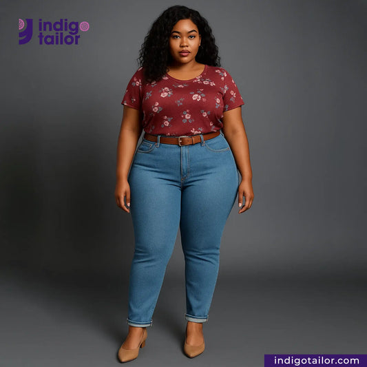Woman wearing a floral top and AOZORA SKY BLUE SELVEDGE jeans with Indigotailor logo and website on a gray background