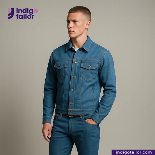 Man wearing a AOZORA SKY BLUE TYPE II PLUS JACKET and pants with 'Indigo Tailor' branding.