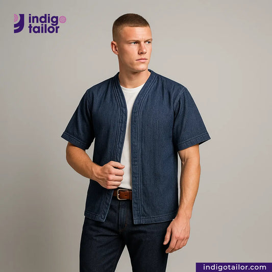 Man wearing a BASEBALL NORAGI (DARK INDIGO) shirt with 'Indigo Tailor' logo in the corner.
