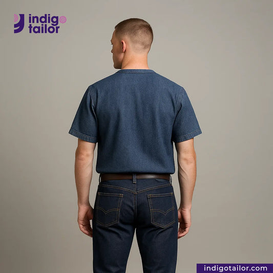 Man wearing a BASEBALL NORAGI (DARK INDIGO) denim shirt and jeans with 'Indigo Tailor' logo.