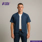 Man wearing a BASEBALL NORAGI (DARK INDIGO) denim shirt over a white t-shirt with 'Indigo Tailor' branding.