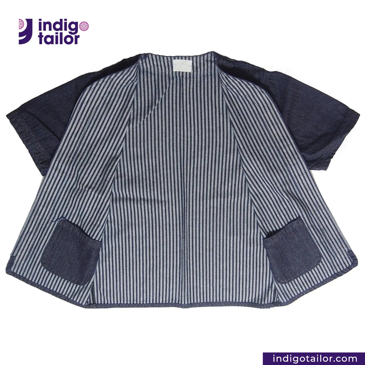 BASEBALL NORAGI (DARK INDIGO) shirt with pockets and dark sleeves on a white background, featuring the Indigotailor logo.