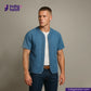Man wearing a BASEBALL NORAGI (VINTAGE BLUE) shirt over a white t-shirt with 'indigotailor' branding.