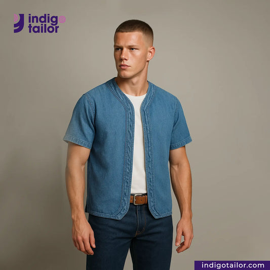 Man wearing a BASEBALL NORAGI (VINTAGE BLUE) shirt over a white t-shirt with 'indigotailor' branding.