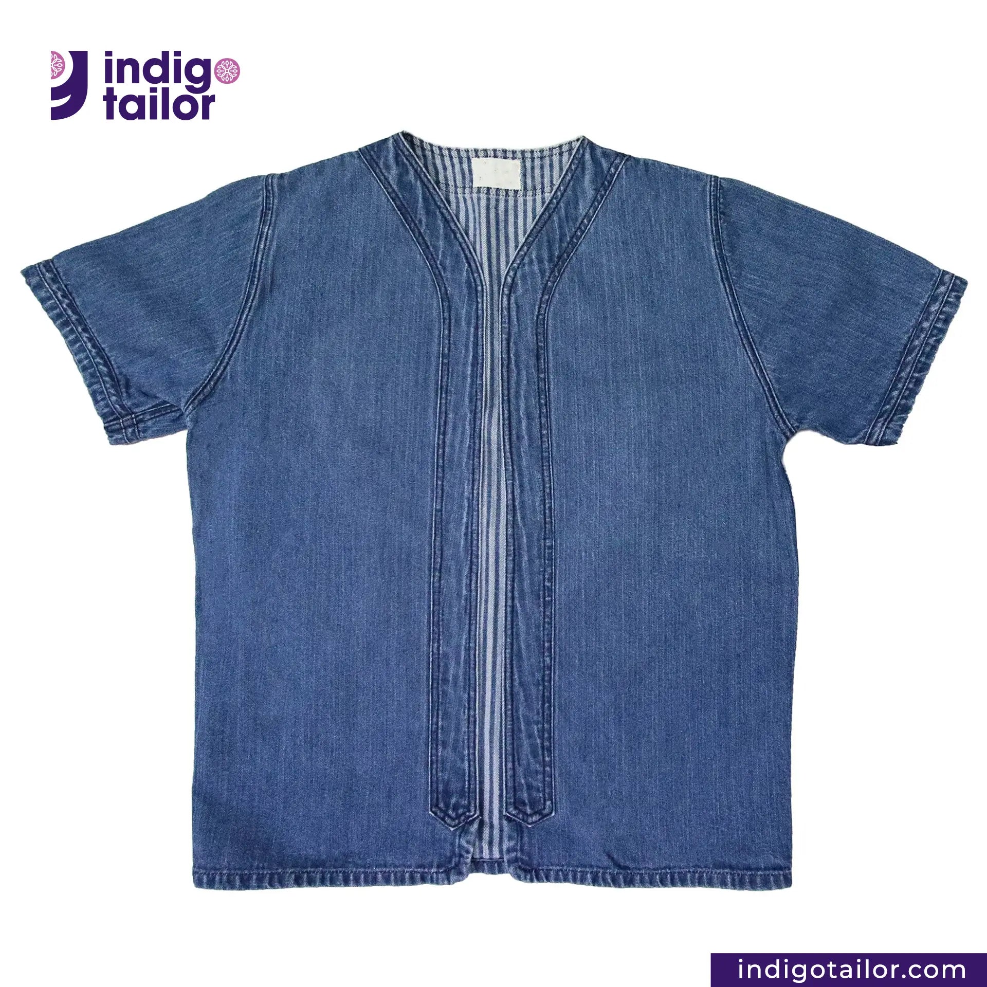BASEBALL NORAGI (VINTAGE BLUE) shirt with a zipper on a white background, featuring the Indigotailor logo.