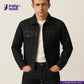 Man wearing a BLACK SLUBBY SELVEDGE DENIM jacket with 'Indigo Tailor' logo above.