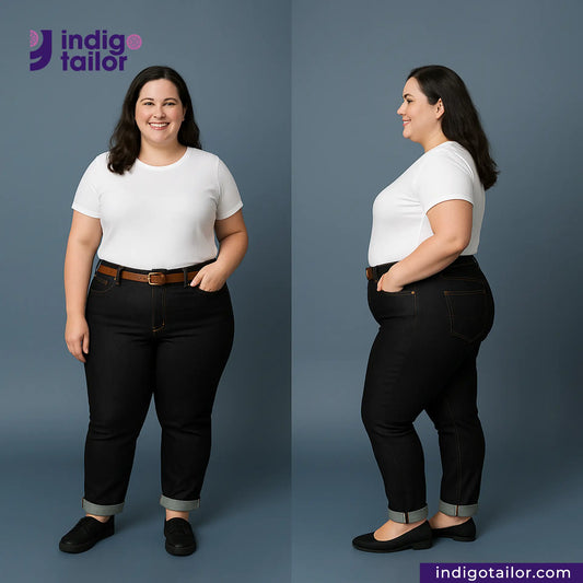 Woman modeling BLACK SLUBBY SELVEDGE DENIM pants from front and side views with Indigotailor logo.