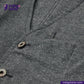 Close-up of BLACK TWEED WORK VEST with a button, featuring Indigotailor logo.