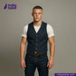 Man wearing a BLACK TWEED WORK VEST over a white shirt with 'indigotailor' branding.