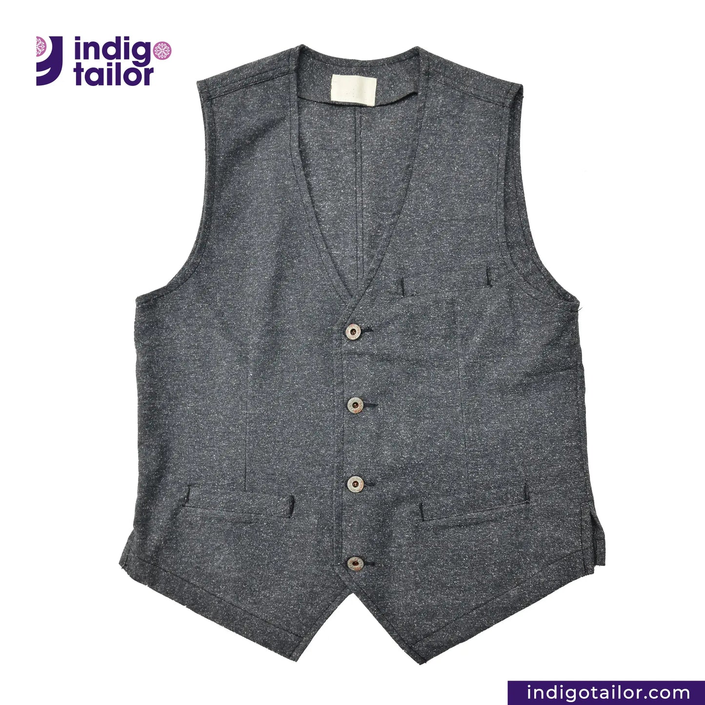 BLACK TWEED WORK VEST with buttons on a white background, featuring the Indigotailor logo.