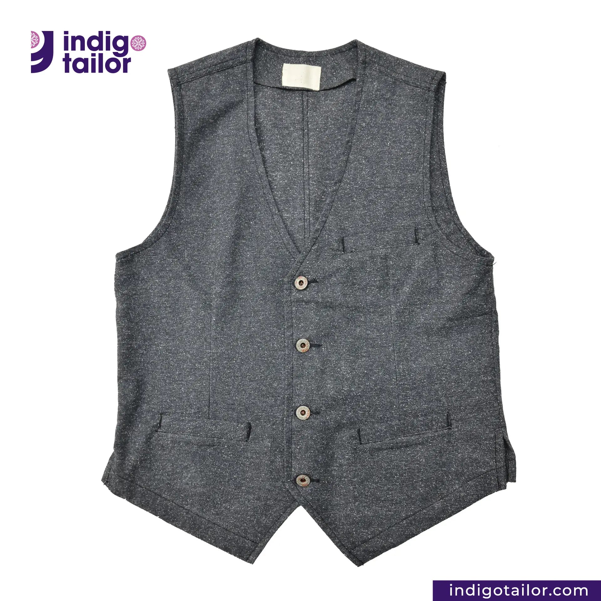 BLACK TWEED WORK VEST with buttons on a white background, featuring the Indigotailor logo.