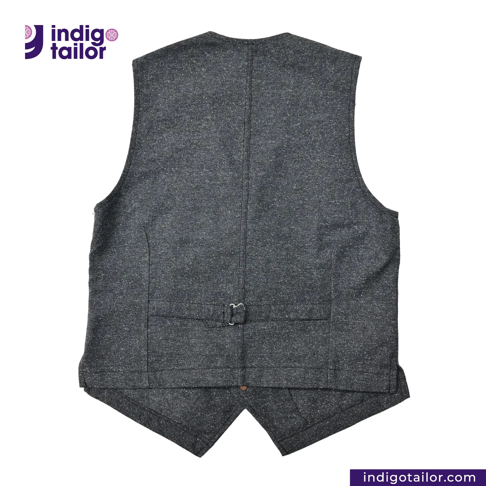 BLACK TWEED WORK VEST on a white background with 'Indigotailor' branding.