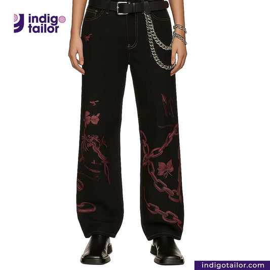 BLACK X BLACK SELVEDGE DENIM pants with pink designs worn by a person, brand 'Indigotailor' visible