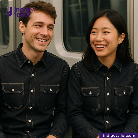 Two people wearing matching BLACK x BLACK SEVLEDGE DENIM shirts with Indigo Tailor branding.