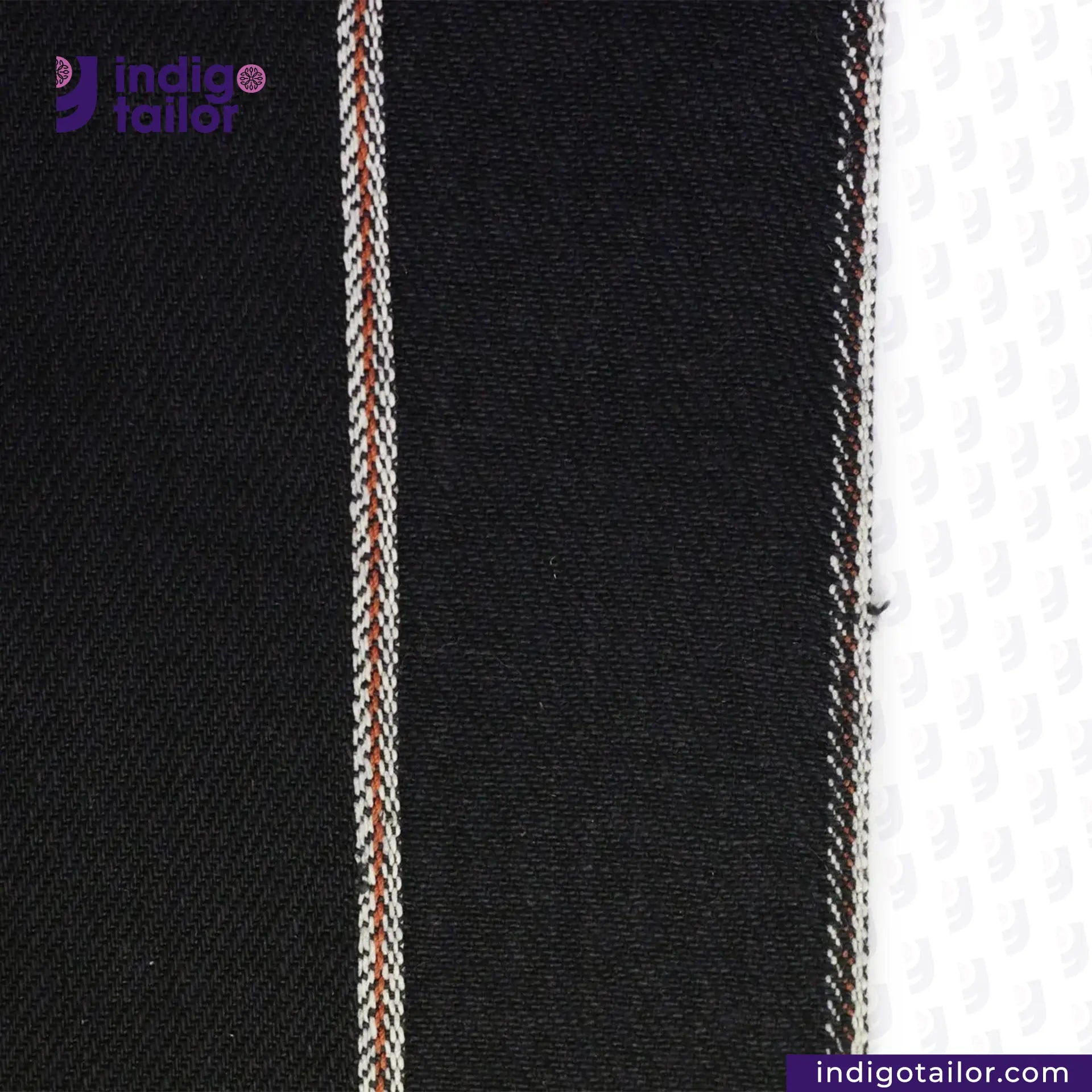 Close-up of BLACK x BLACK SEVLEDGE DENIM fabric with a visible brand logo at the top left corner.