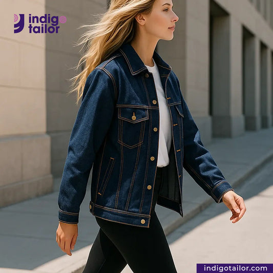 Woman wearing a BLUE AZUL RASTA SELVEDGE DENIM jacket walking on a sidewalk with 'Indigotailor' branding.