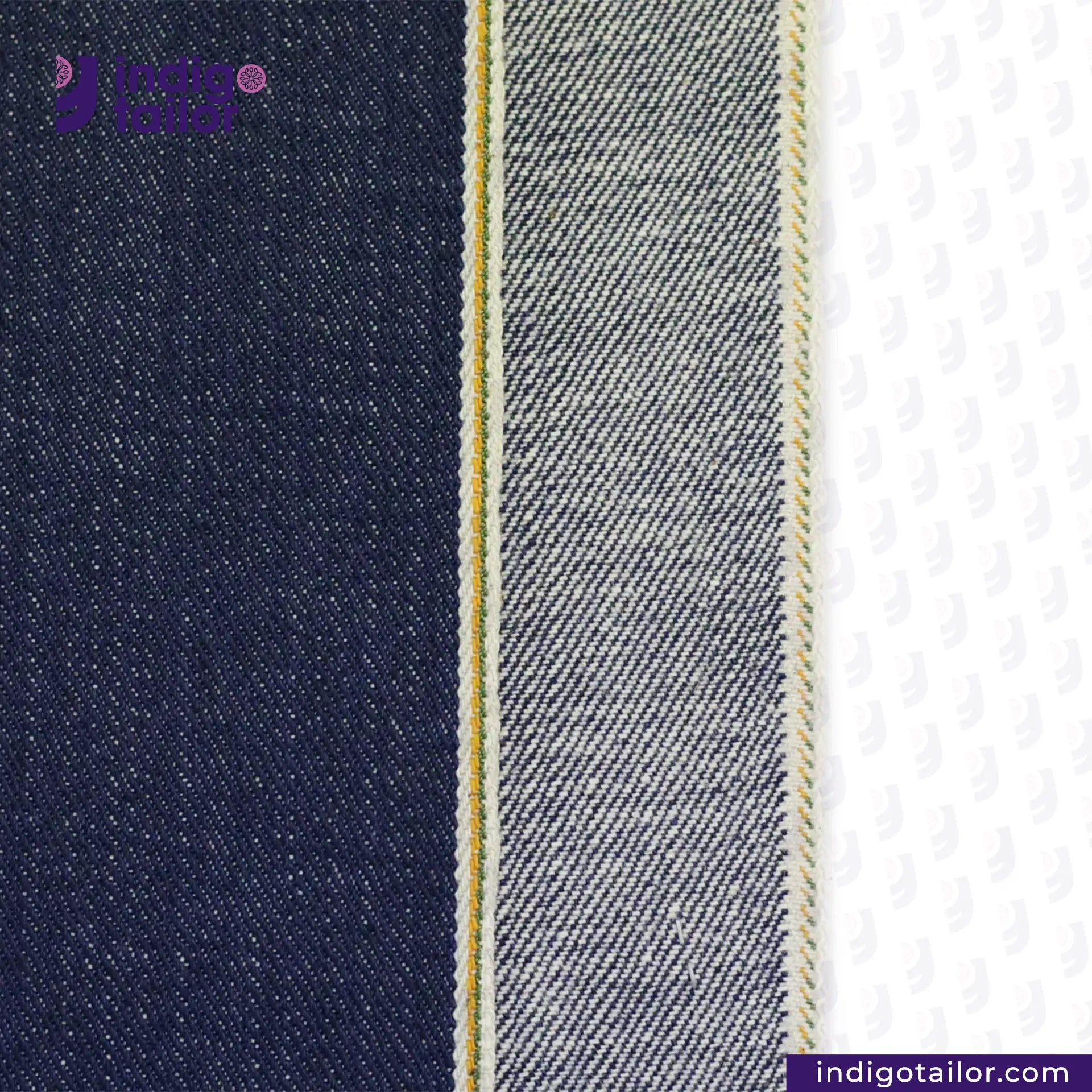 Close-up of BLUE AZUL RASTA SELVEDGE DENIM fabric with a visible brand logo on a white background
