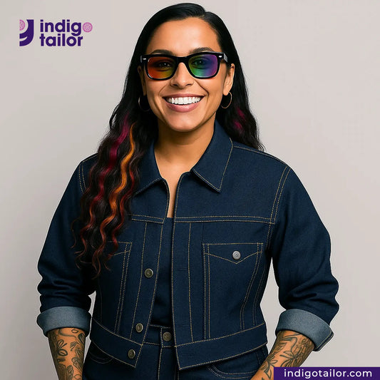 Woman wearing a BLUE GRAY SELVEDGE DENIM jacket and sunglasses with 'Indigo Tailor' branding.