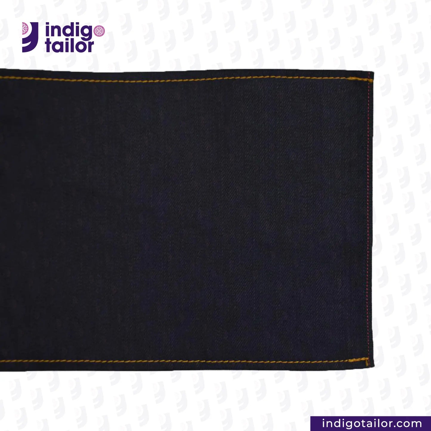 Dark BLUE ROYAL INDIGO x BLACK SELVEDGE DENIM fabric with yellow stitching on a white background, featuring the Indigotailor logo.