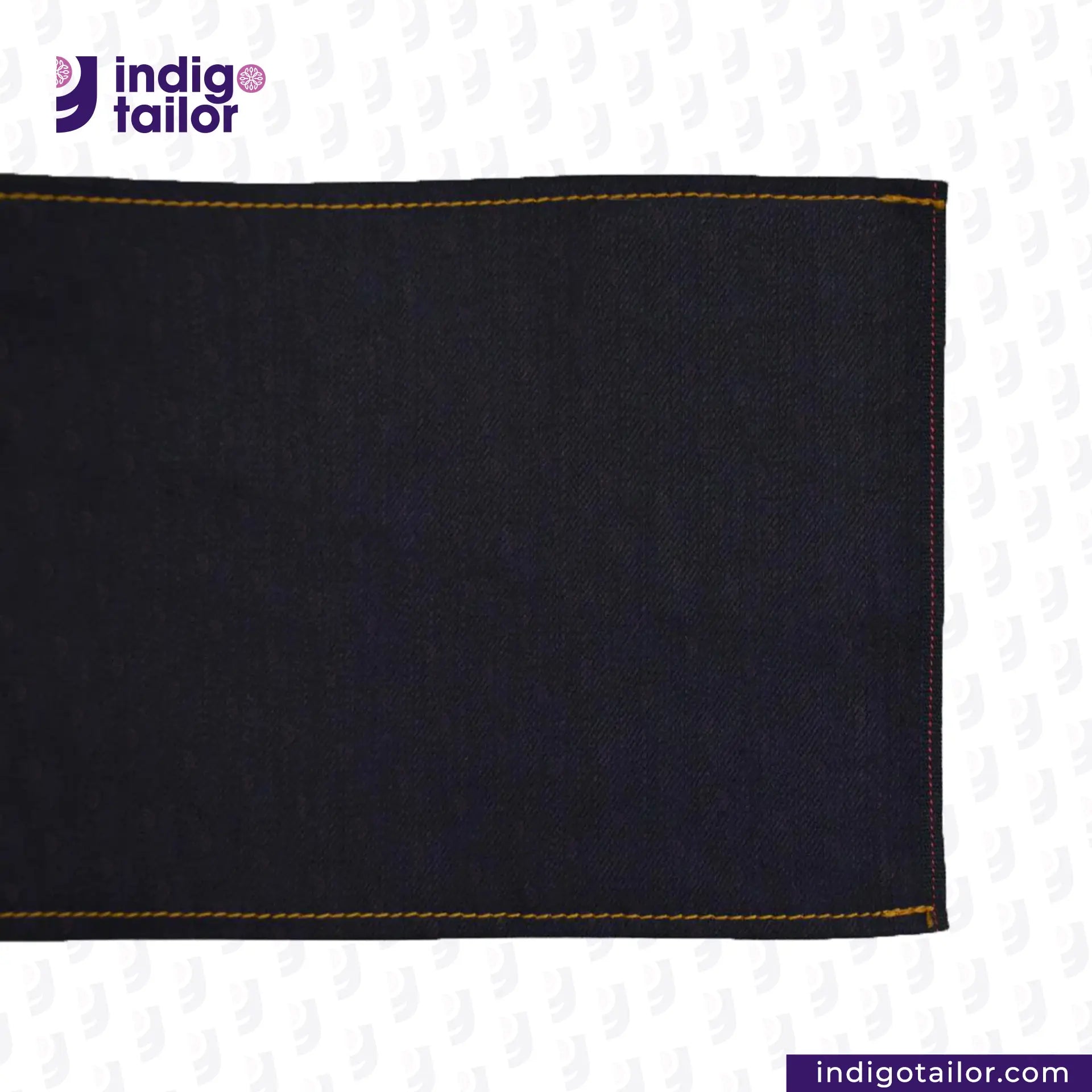 Dark BLUE ROYAL INDIGO x BLACK SELVEDGE DENIM fabric with yellow stitching on a white background, featuring the Indigotailor logo.
