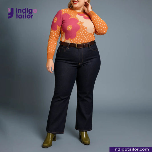 Person wearing a floral top and black pants with Indigotailor branding. BLUE ROYAL INDIGO x BLACK SELVEDGE DENIM