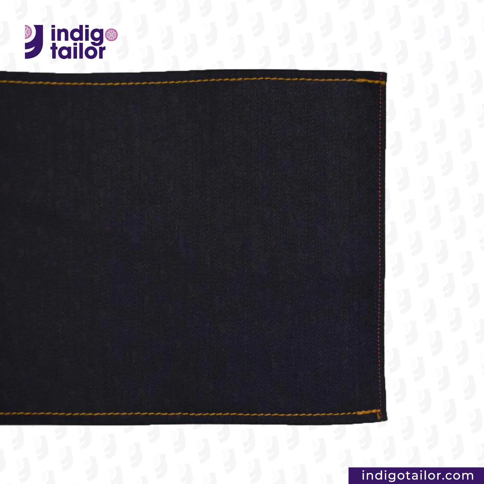 Close-up of dark denim fabric with yellow stitching on a white background, featuring the Indigotailor logo. BLUE ROYAL INDIGO x BLACK SELVEDGE DENIM