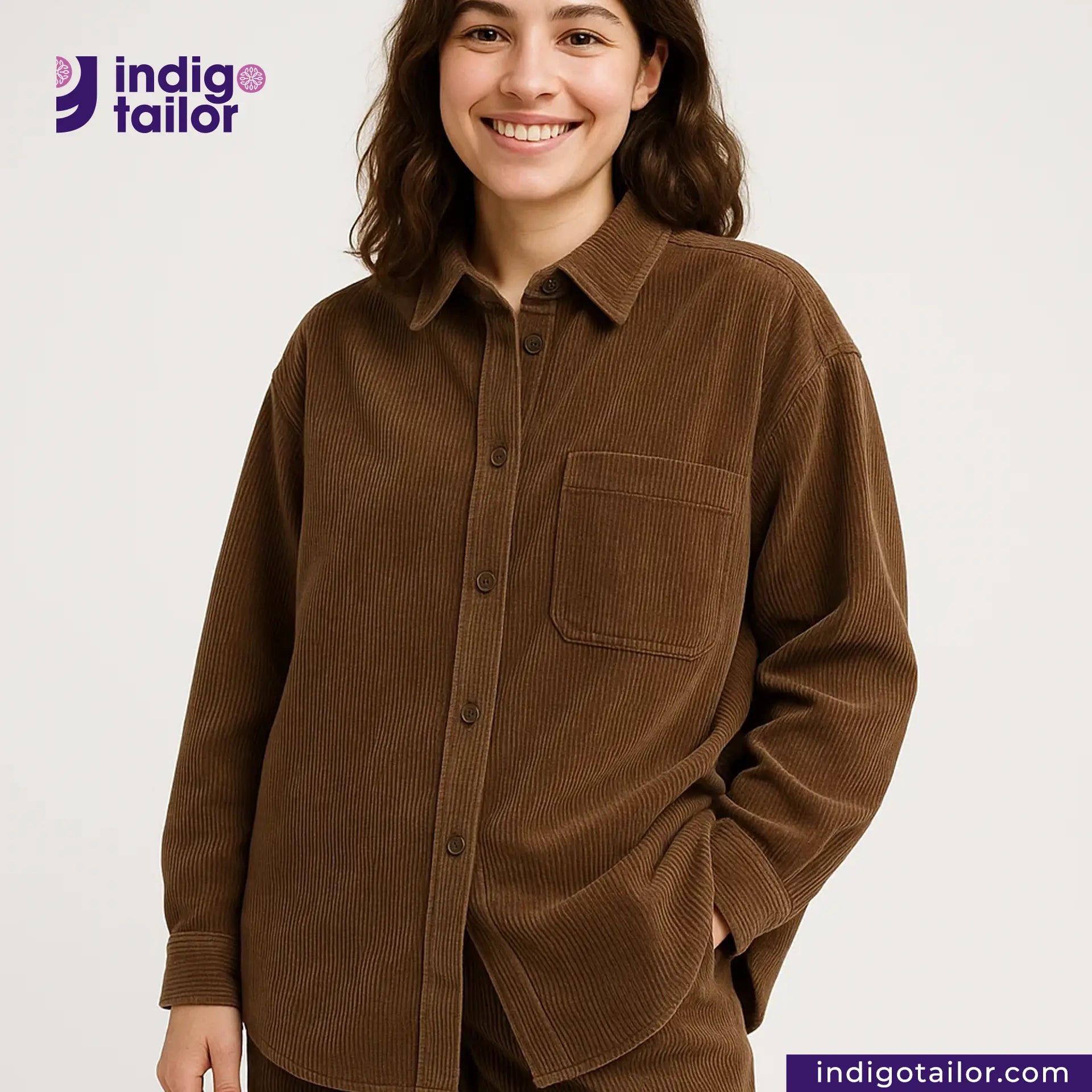 Person wearing a BROWN CORDUROY shirt with Indigotailor logo and website on a white background