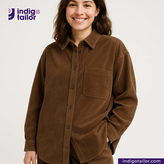 Person wearing a BROWN CORDUROY shirt with Indigotailor logo and website on a white background