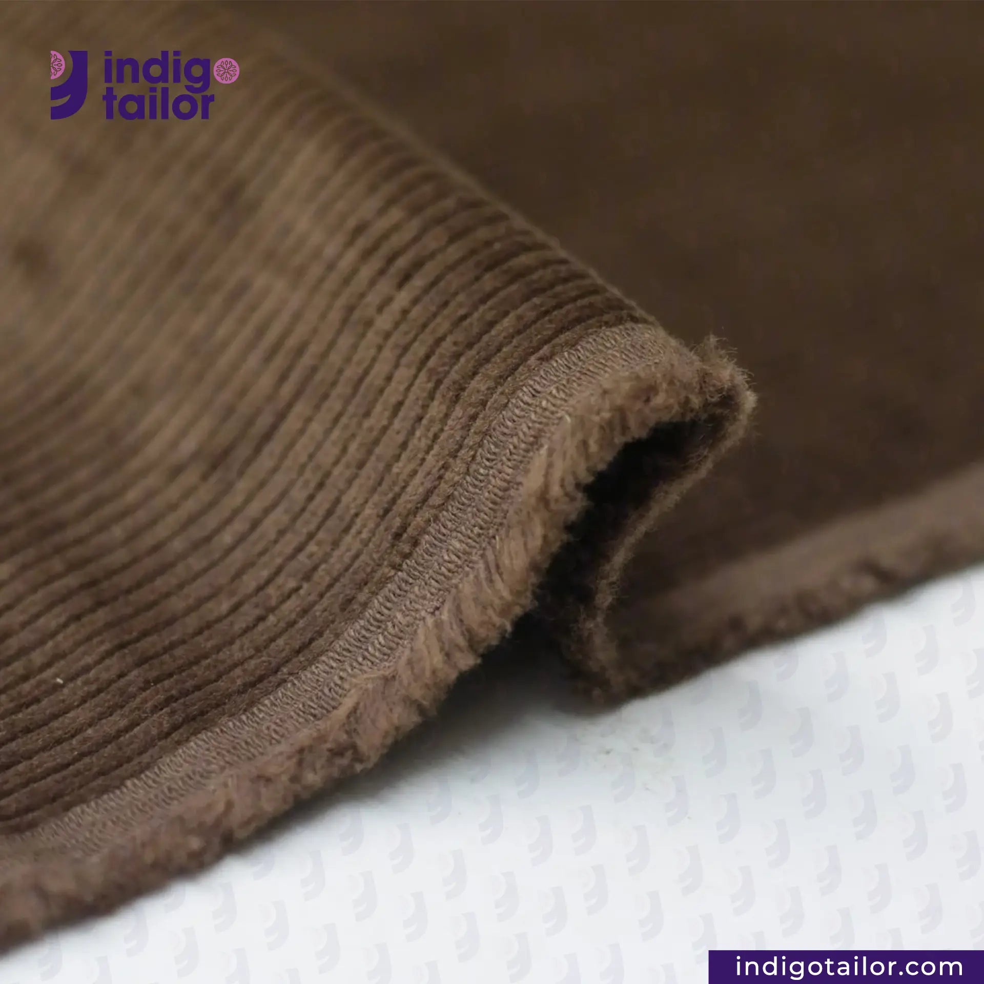 BROWN CORDUROY fabric with 'Indigo Tailor' logo in the corner.