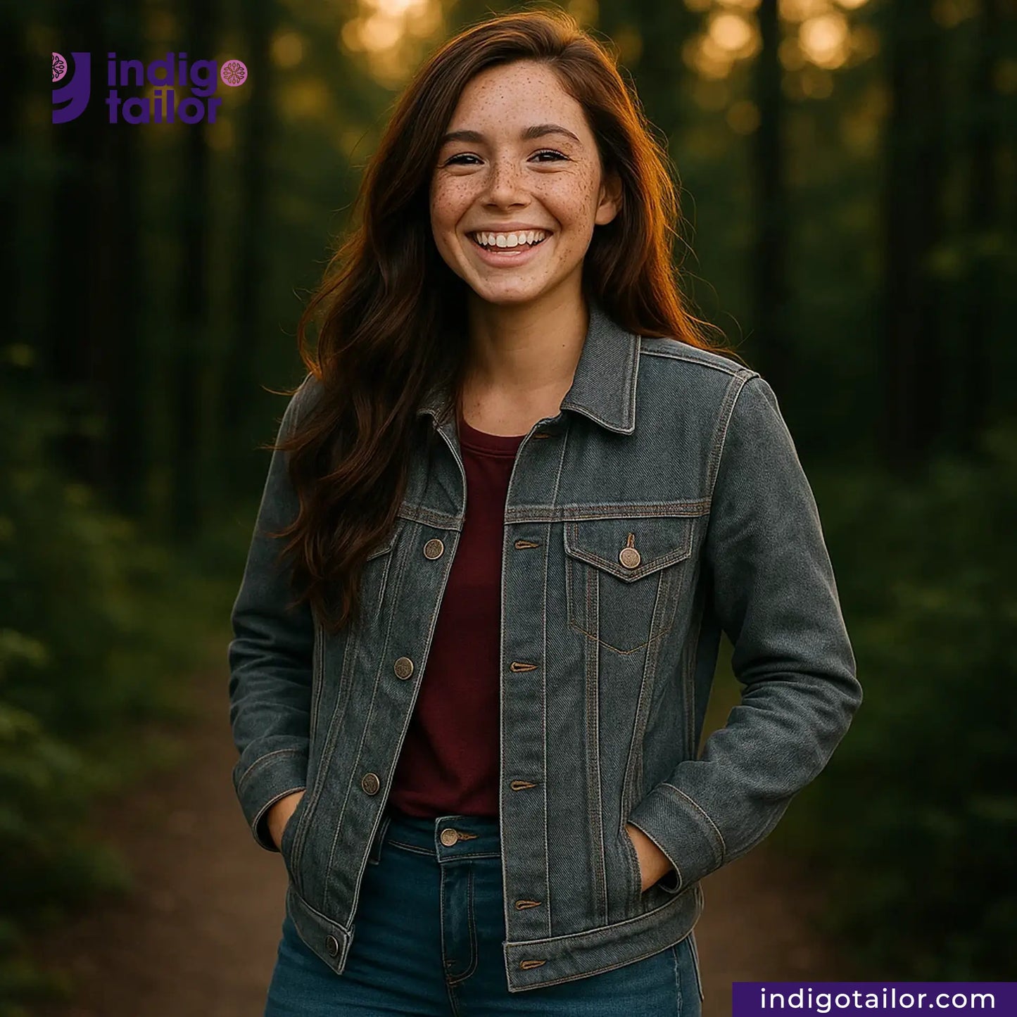 Woman wearing a BROWN SOFT SLUB SELVEDGE DENIM jacket with a blurred forest background, featuring Indigo Tailor logo.