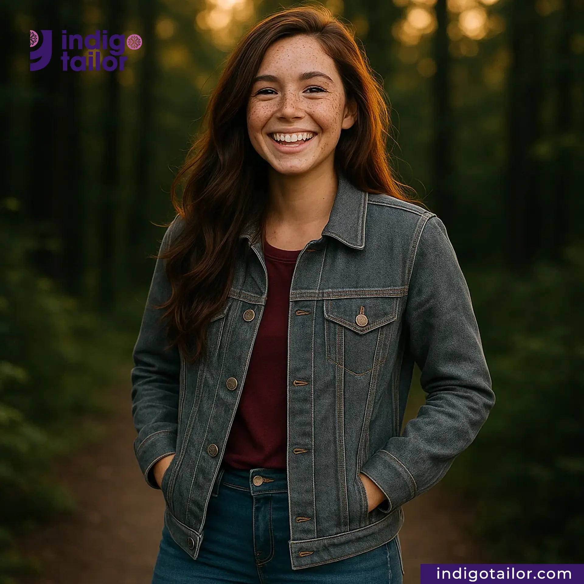 Woman wearing a BROWN SOFT SLUB SELVEDGE DENIM jacket with a blurred forest background, featuring Indigo Tailor logo.