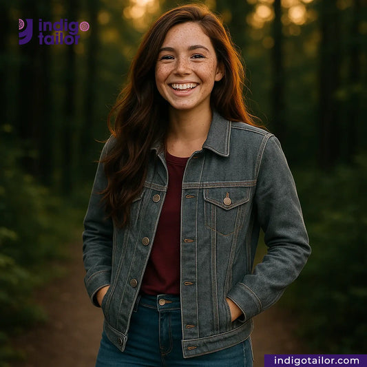 Woman wearing a BROWN SOFT SLUB SELVEDGE DENIM jacket with a blurred forest background, featuring Indigo Tailor logo.