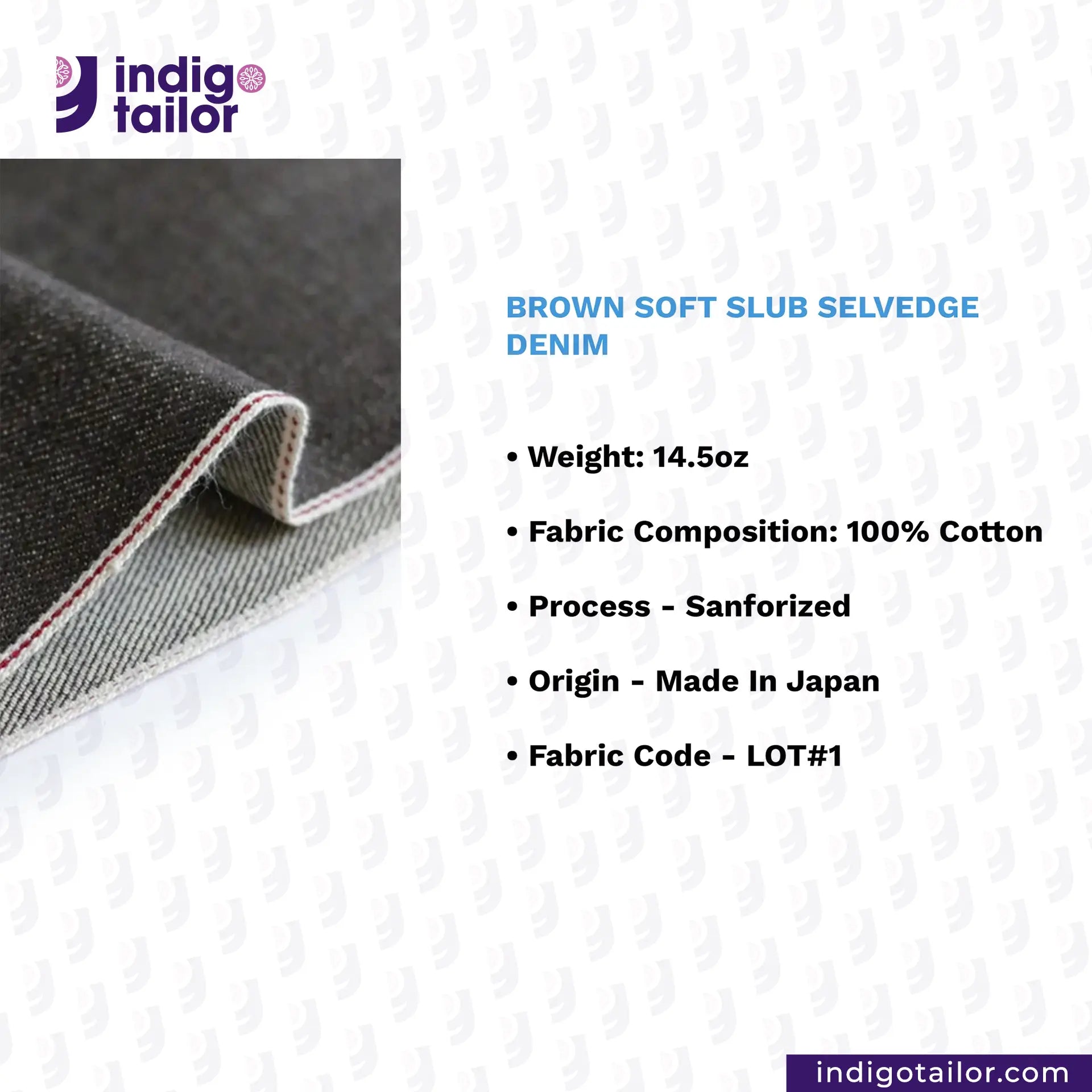 Brown soft slub selvedge denim fabric with product details on a white background