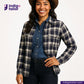 Woman wearing a BRUSHED FLANNEL INDIGO/BEIGE/GREY CHECK shirt with Indigo Tailor logo on a white background