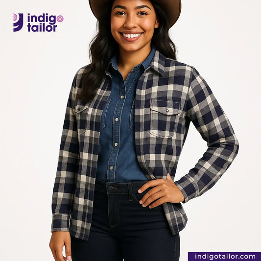 Woman wearing a BRUSHED FLANNEL INDIGO/BEIGE/GREY CHECK shirt with Indigo Tailor logo on a white background
