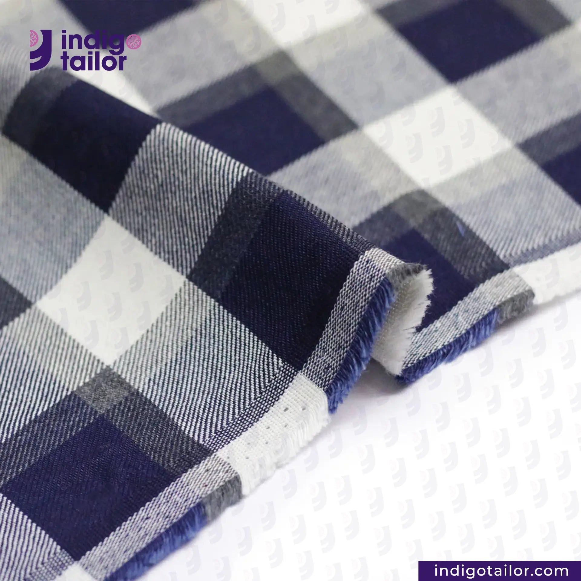 BRUSHED FLANNEL INDIGO BEIGE GREY CHECK fabric with a visible brand logo on a white background