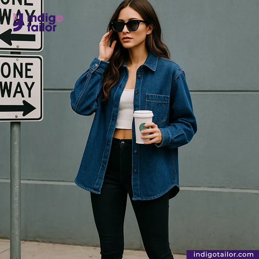 Woman in BRUSHED INDIGO VIBRANT BLUE shirt holding a coffee cup next to a 'One Way' sign, with Indigo Tailor branding.