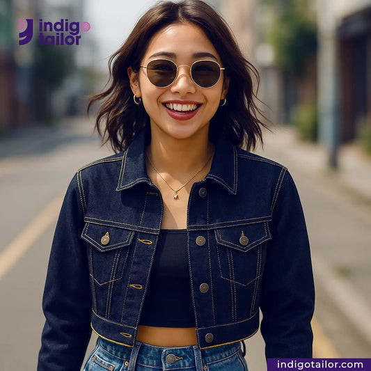 Woman wearing a BULLION GOLD SELVEDGE DENIM jacket and sunglasses with 'Indigotailor' branding.