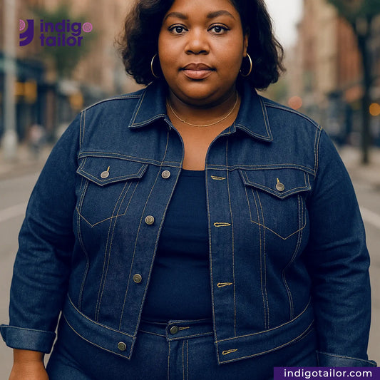 Woman wearing a BULLION GOLD SELVEDGE DENIM jacket with 'Indigo Tailor' branding in the background.