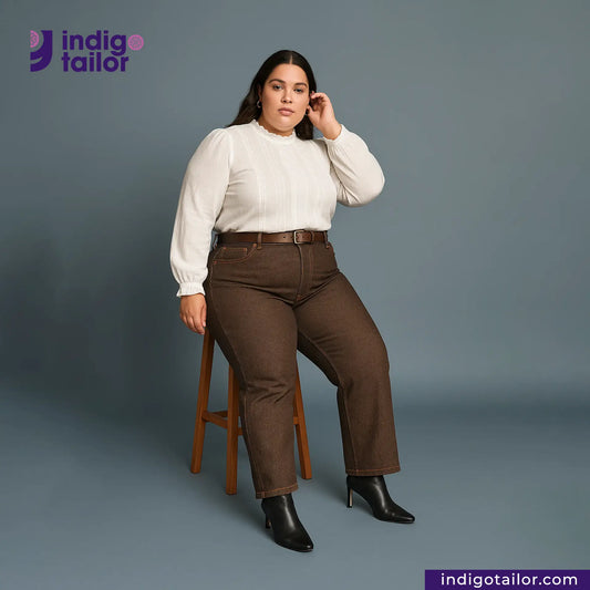 Woman wearing a white blouse and brown pants sitting on a stool with Indigotailor logo in the corner. Brown SOFT SLUB SELVEDGE DENIM