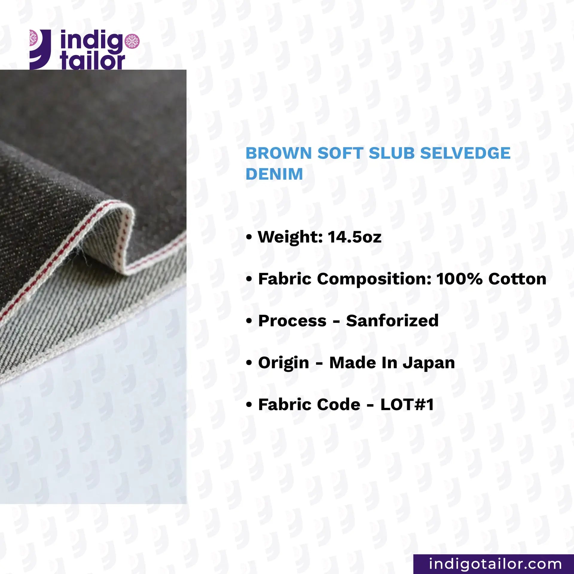Brown soft slub selvedge denim fabric with product details on a white background. 