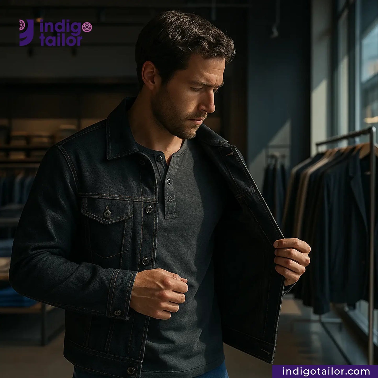 Man wearing a CHARCOAL SMOKE BLACK SELVEDGE DENIM jacket in a clothing store with 'Indigotailor' branding.