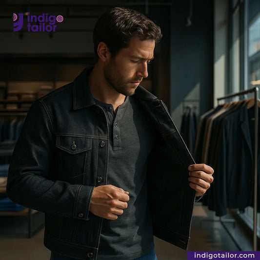 Man wearing a CHARCOAL SMOKE BLACK SELVEDGE DENIM jacket in a clothing store with 'Indigotailor' branding.