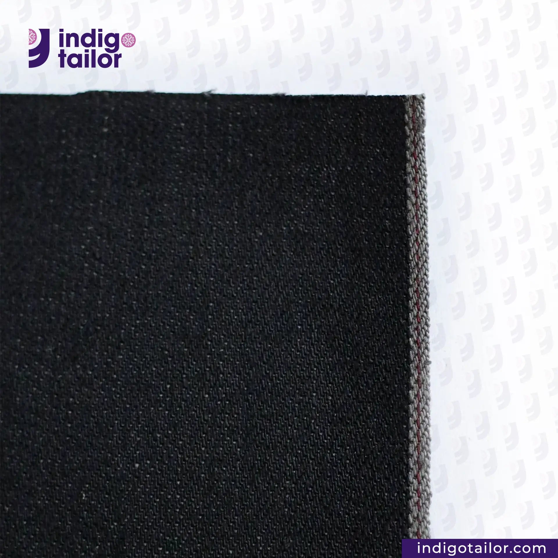 CHARCOAL SMOKE BLACK SELVEDGE DENIM fabric swatch with Indigotailor logo and website on a white background