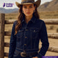 Woman wearing a CLASSIC BLUE SELVEDGE DENIM jacket and cowboy hat in a desert setting with 'Indigotailor' branding.