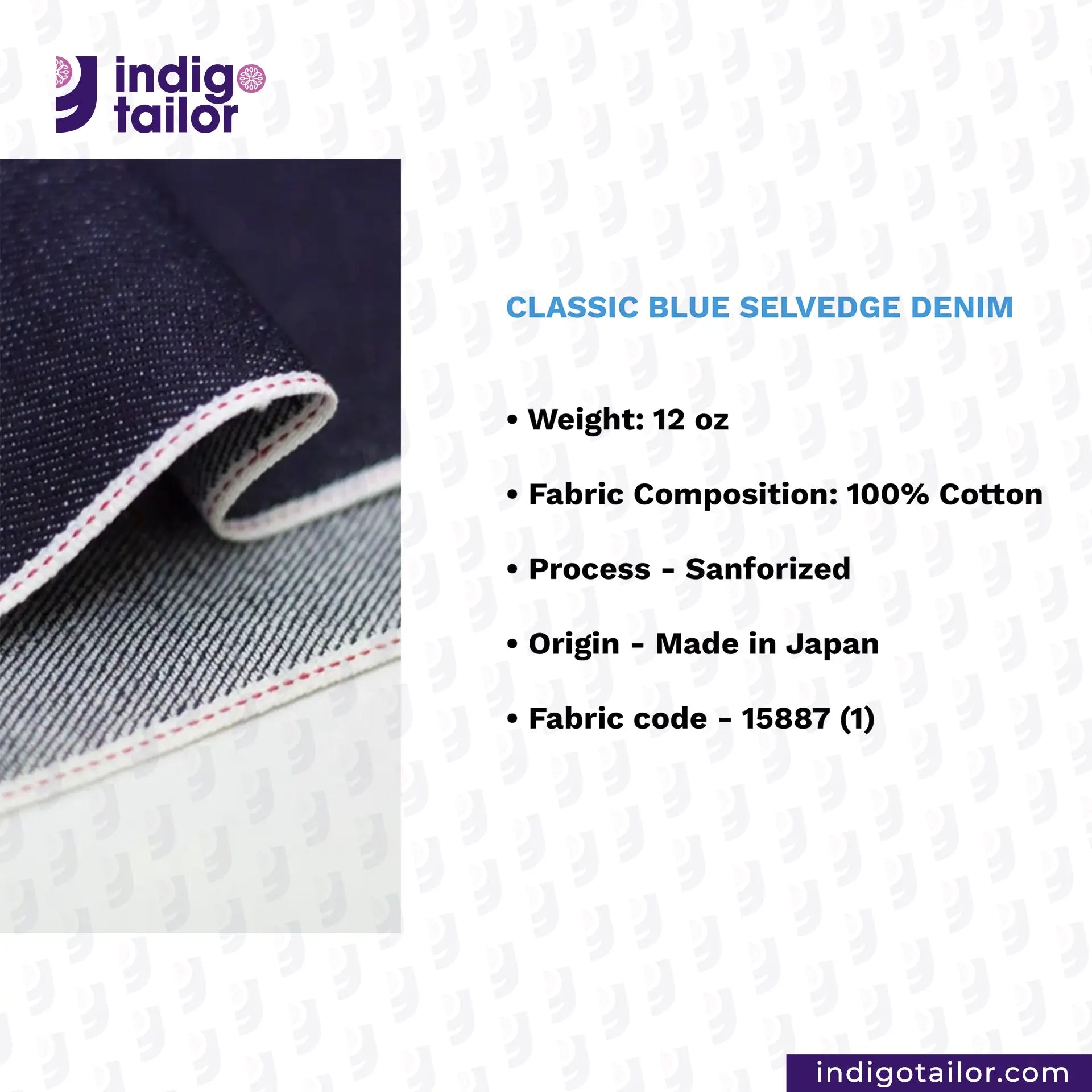 Indigo Tailor CLASSIC BLUE SELVEDGE DENIM fabric with specifications on a white background