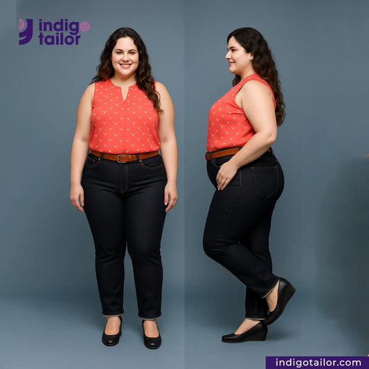Woman wearing a red top and CLASSIC BLUE SELVEDGE DENIM pants standing side by side with a gray background, featuring the Indigotailor brand.