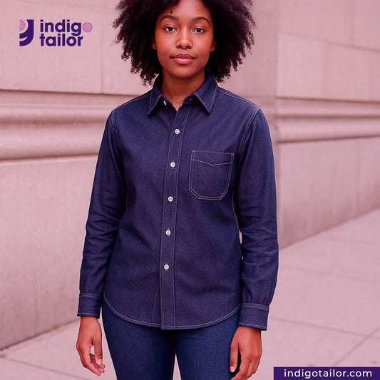Person wearing a CLASSIC BLUE SELVEDGE DENIM shirt with 'Indigo Tailor' logo in the corner.
