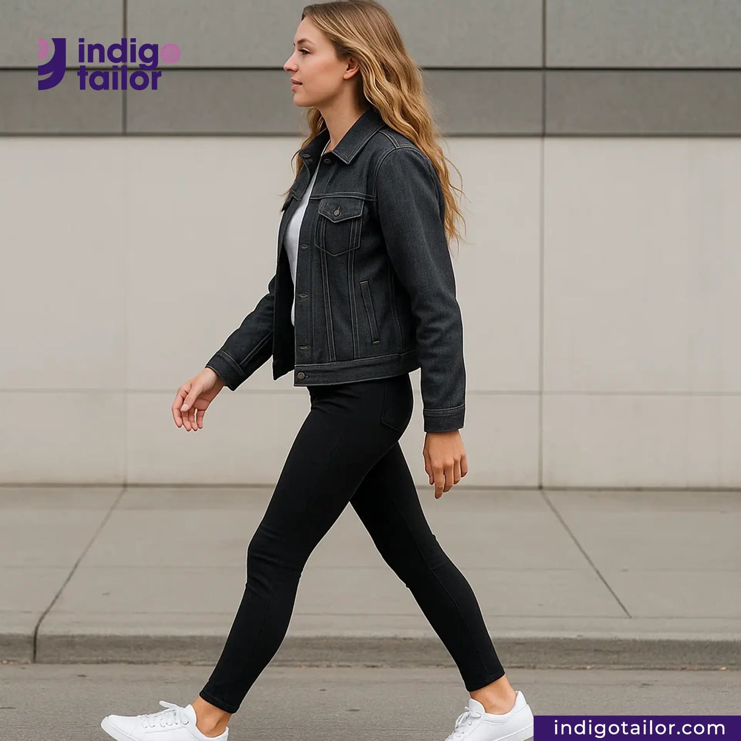 Woman wearing a CLASSIC GREY SILVER SELVEDGE DENIM jacket and black pants walking on a sidewalk with 'Indigotailor' branding.